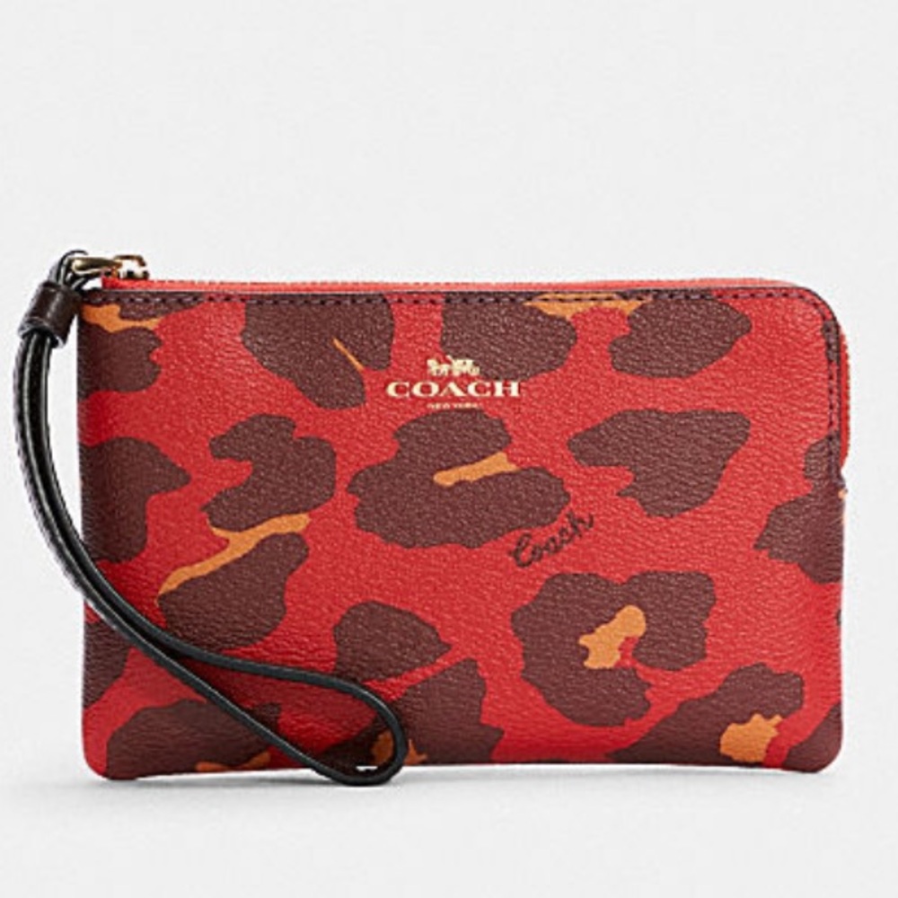 Coach Corner Zip Wristlet Leopard Print Red